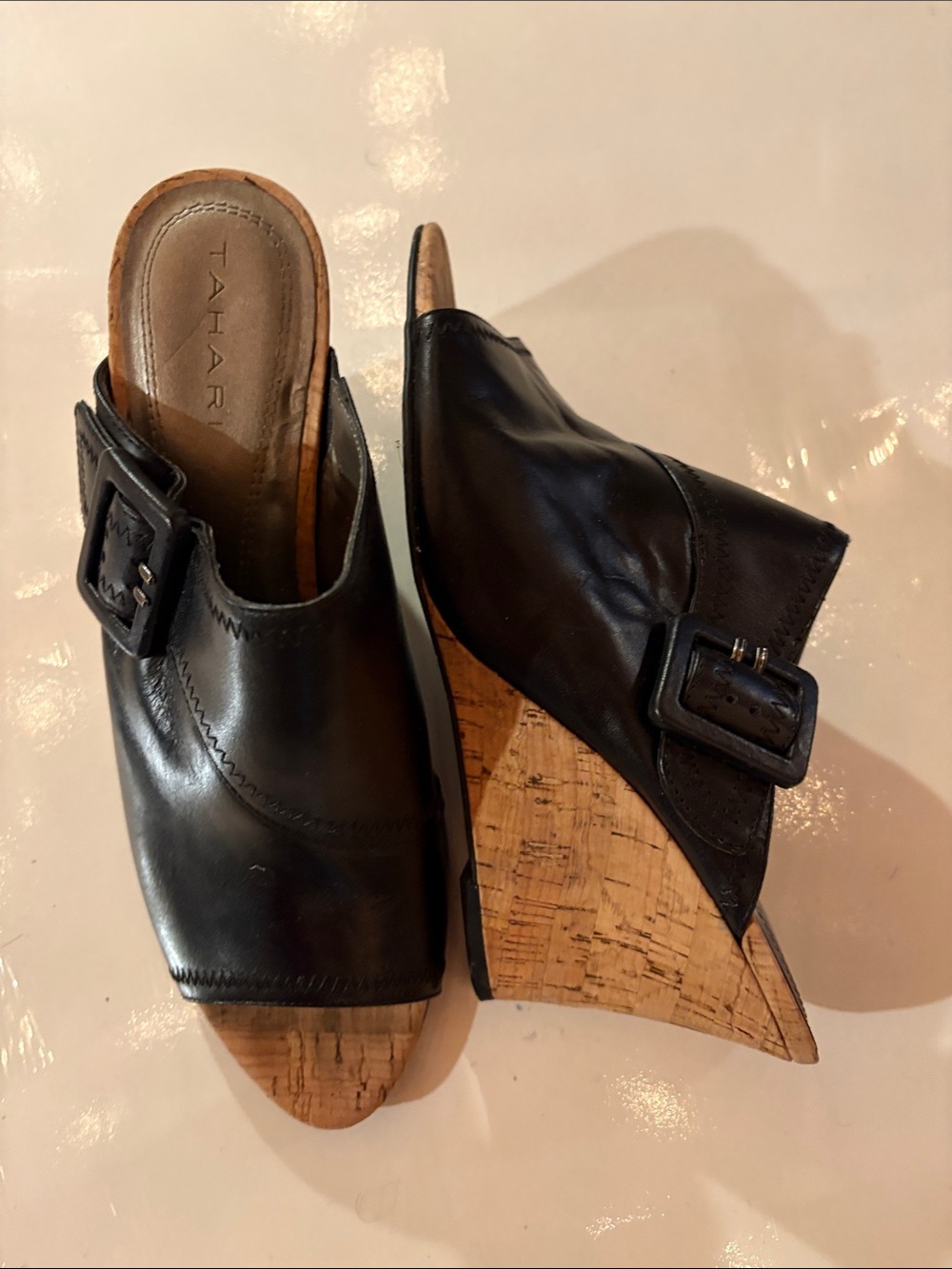 Tahari Black Leather Cork Wedge Mules with Buckle